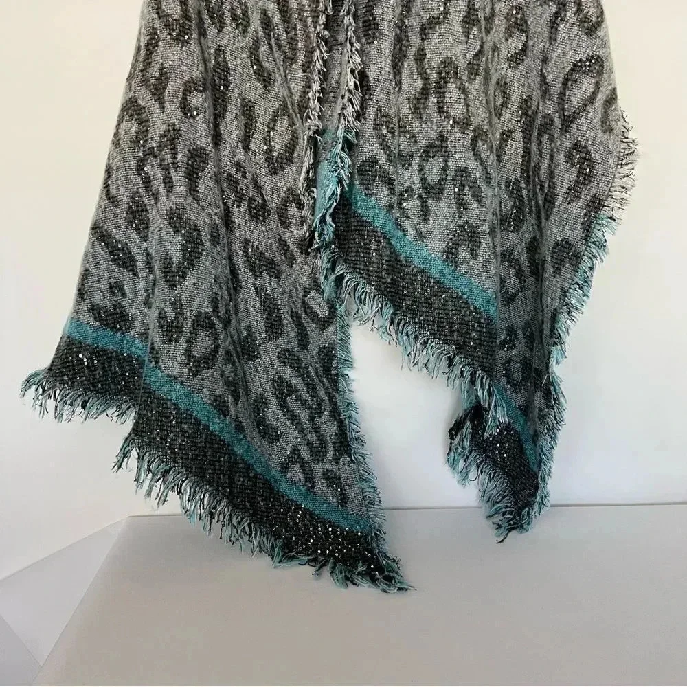 INC International Concepts Leopard Print Sequin Wrap Scarf Gray Black Blue